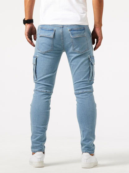 Men's Casual Multi Pocket Jeans, Chic Street Style High Stretch Cargo Denim Pants