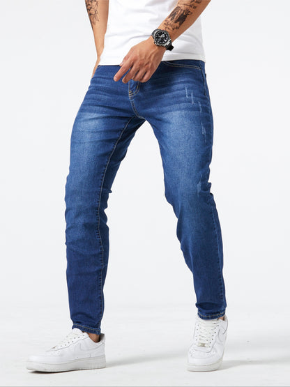 1pc Men'S Classic Slim-Fit Stretch Denim Jeans, Casual Washed Solid Color, Cotton 65.5%, Polyester 33%, Spandex 1.5%, All-Season Skinny Pants, Regular Length